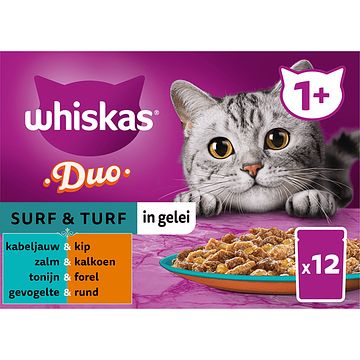 Foto van Whiskas 1+ natvoer duo surf & turf in gelei maaltijdzakjes 12 x 85g bij jumbo