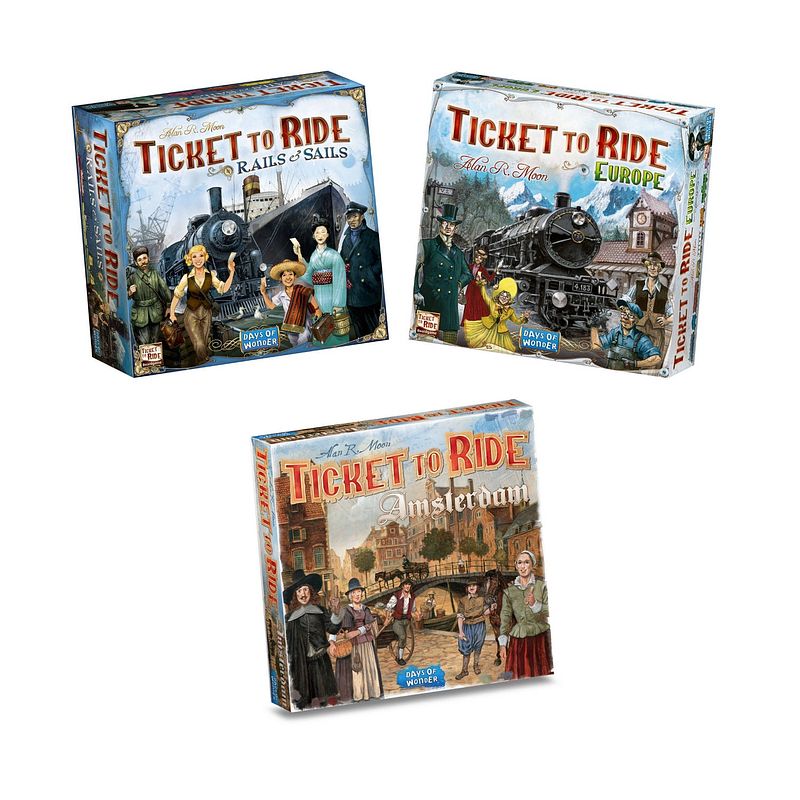 Foto van Ticket to ride - 3 stuks - basisspellen rails and sails en europa & uitbreiding amsterdam