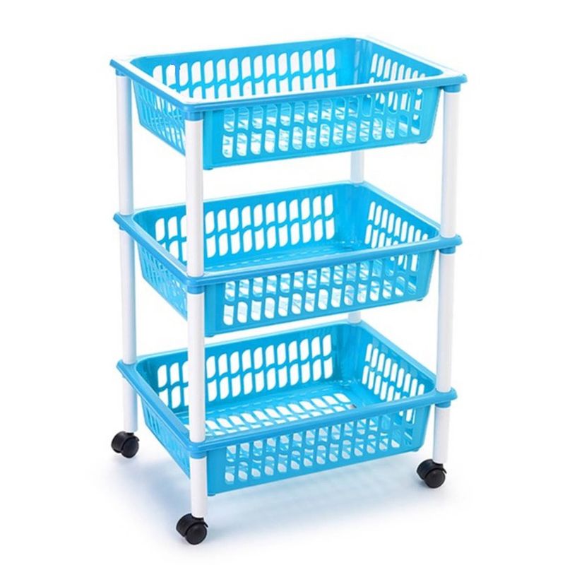 Foto van Opberg trolley/roltafel/organizer met 3 manden 40 x 30 x 61,5 cm wit/lichtblauw - opberg trolley