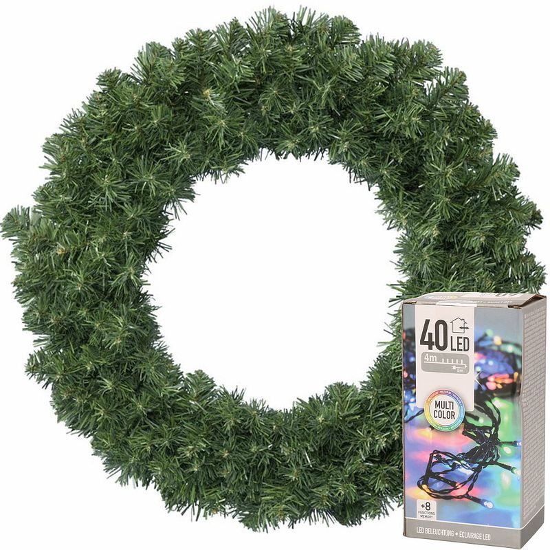 Foto van Kerstkrans groen 35 cm incl. verlichting gekleurd 4m - kerstkransen