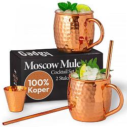 Foto van Gadgy moscow mule bekers set - 100% koper - cocktailset : 2 cocktailglazen, 2 rietjes & 1 barmaatje