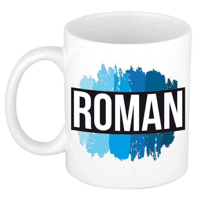 Foto van Naam cadeau mok / beker roman met blauwe verfstrepen 300 ml - naam mokken