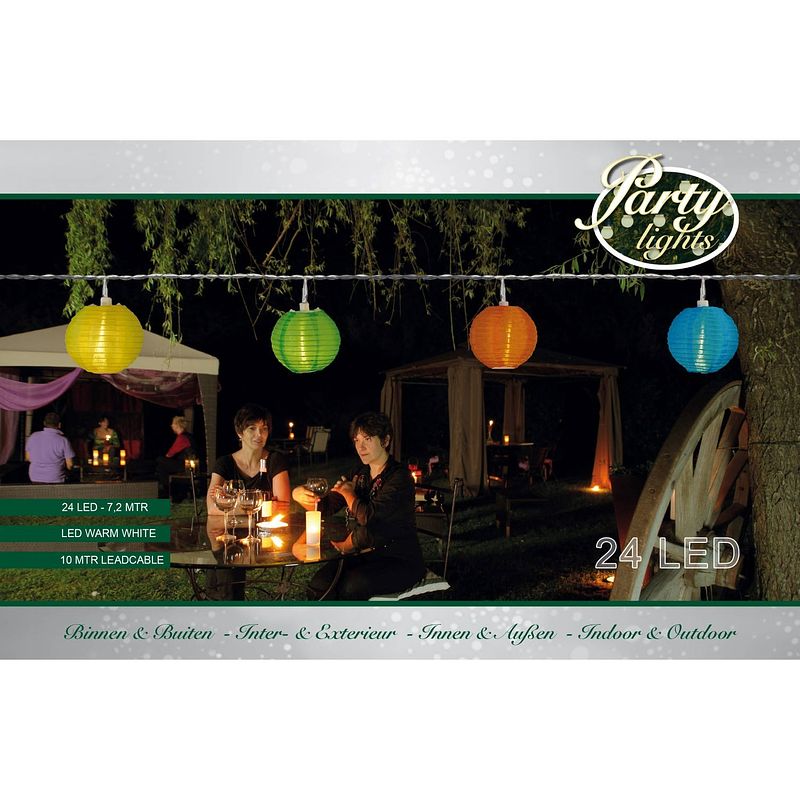 Foto van 24 partylights 8 cm led warm wit nylon lantaarn gekleurd 7,2m