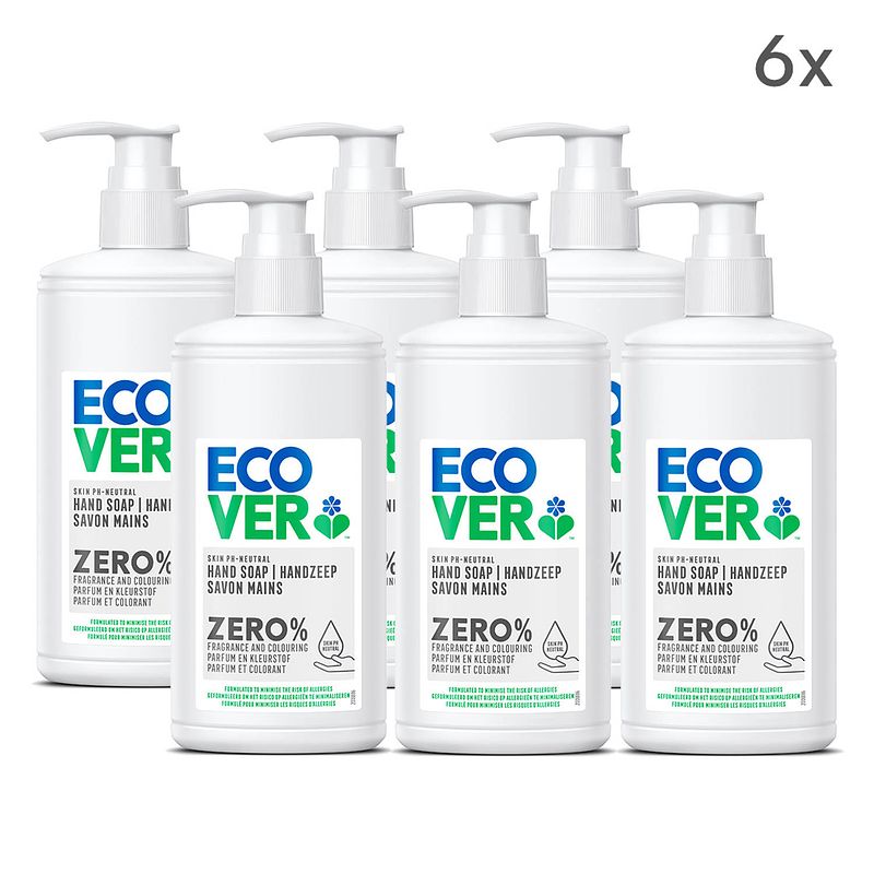 Foto van Ecover ecologische handzeep - voordeelverpakking 6 x 250 ml - zero - 0% parfum en 0% kleurstoffen- zeeppompje vrijstaand
