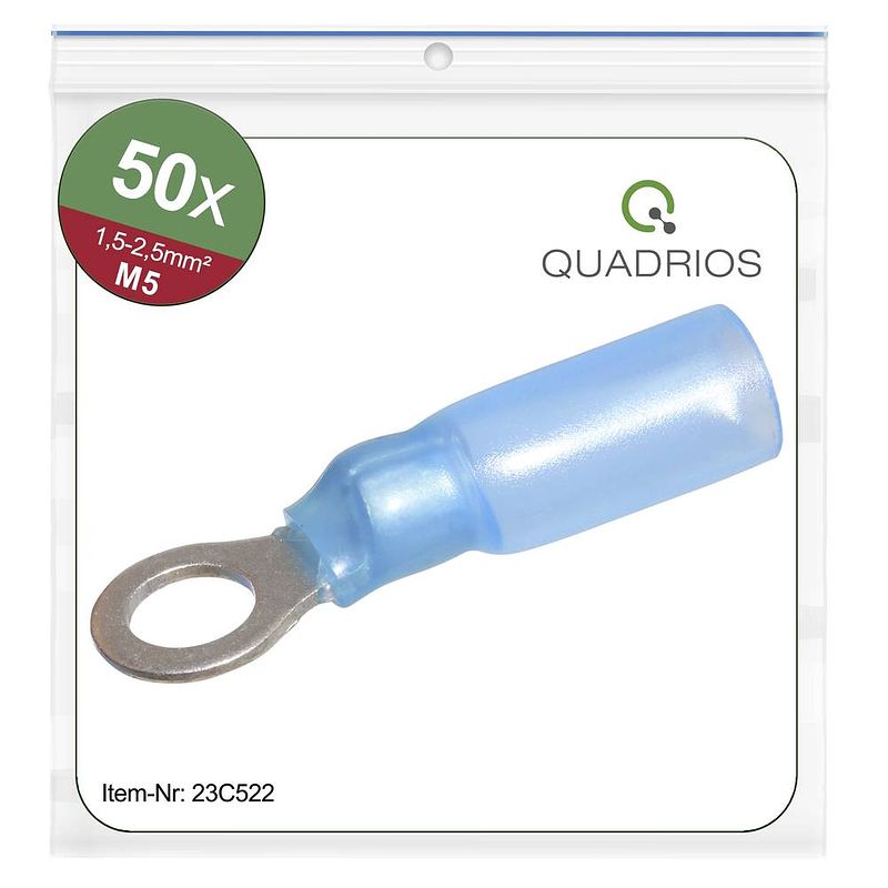 Foto van Quadrios 23c522 ringkabelschoen dwarsdoorsnede (max.): 2.5 mm² gat diameter: 5.3 mm deels geïsoleerd blauw 50 stuk(s)