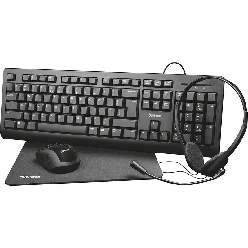 Foto van Trust primo 4-in-1 home office set met headset, toetsenbord (azerty), muis en muismat