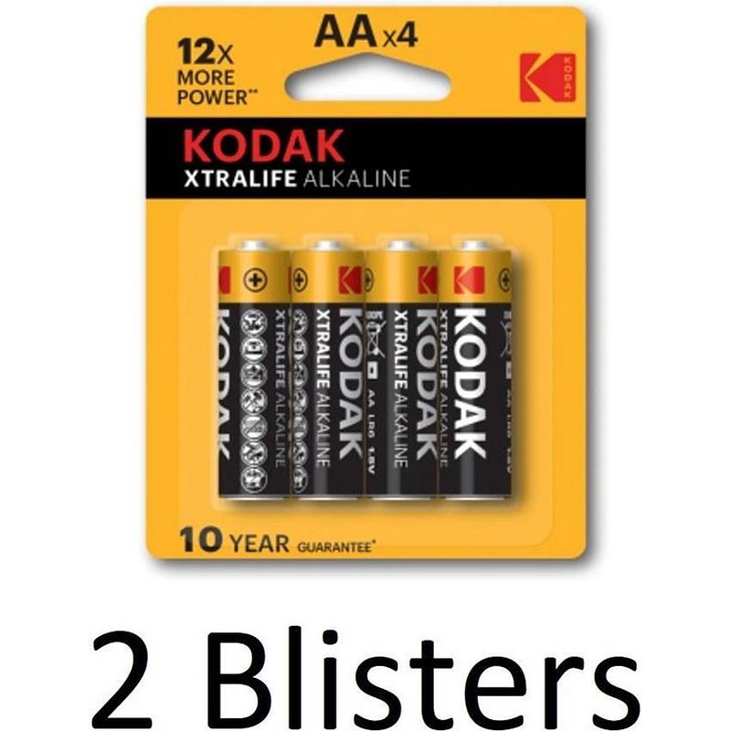 Foto van 8 stuks (2 blisters a 4 st) kodak xtralife aa alkaline batterijen