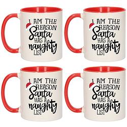 Foto van Set van 4x stuks i am the reason santa has a naughty list koffiemokken rood kerstcadeau 300 ml - bekers