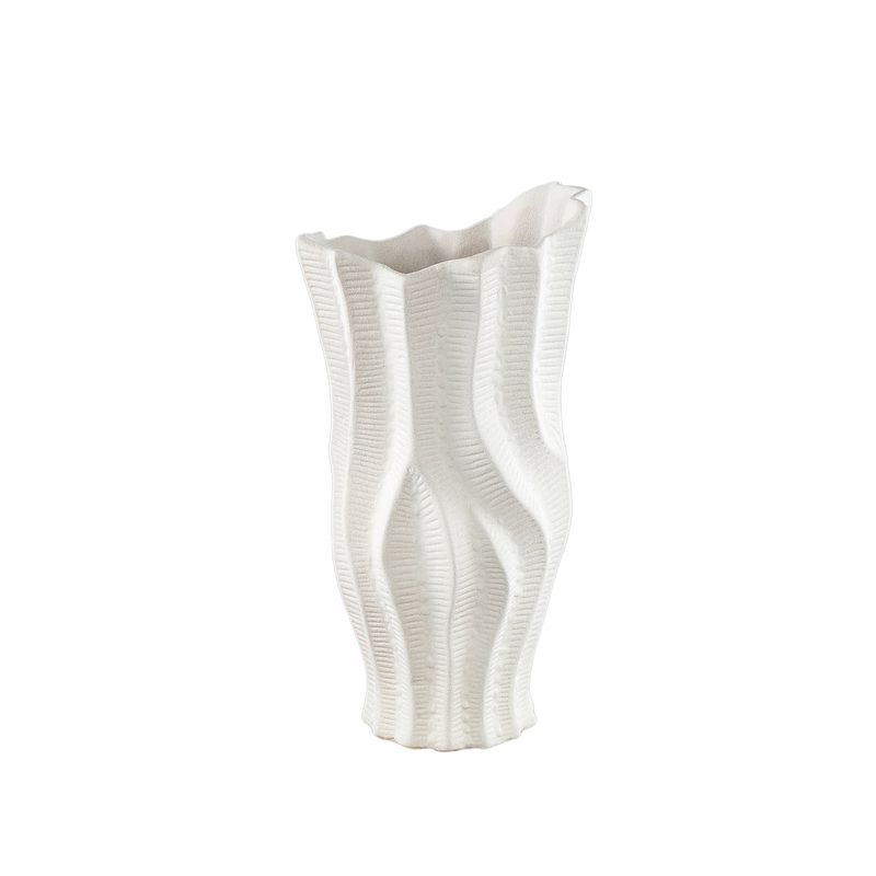 Foto van Ptmd merc white ceramic pot wavy ribbed high s