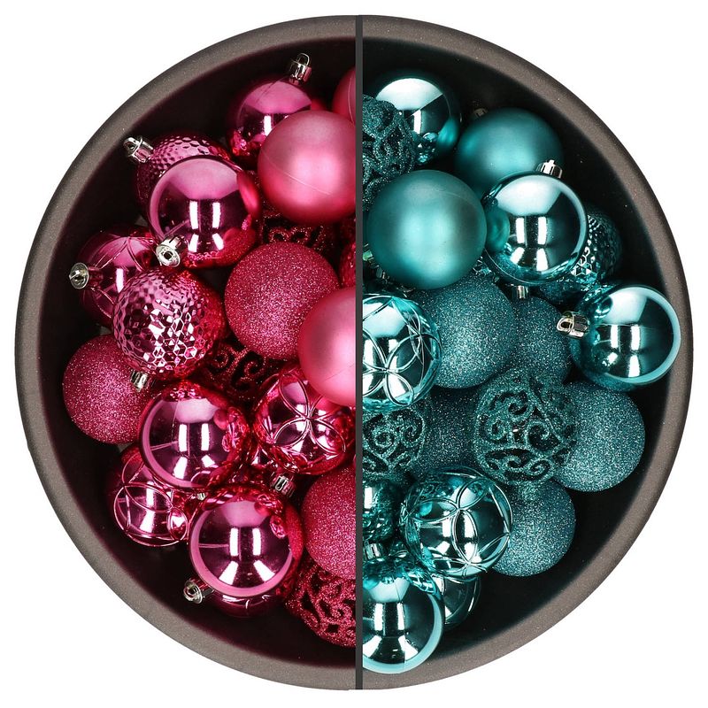 Foto van 74x stuks kunststof kerstballen mix turquoise en fuchsia roze 6 cm - kerstbal