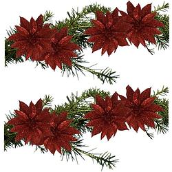 Foto van 8x stuks glitter decoratie bloemen op clip rood 9.5 cm - kunstbloemen