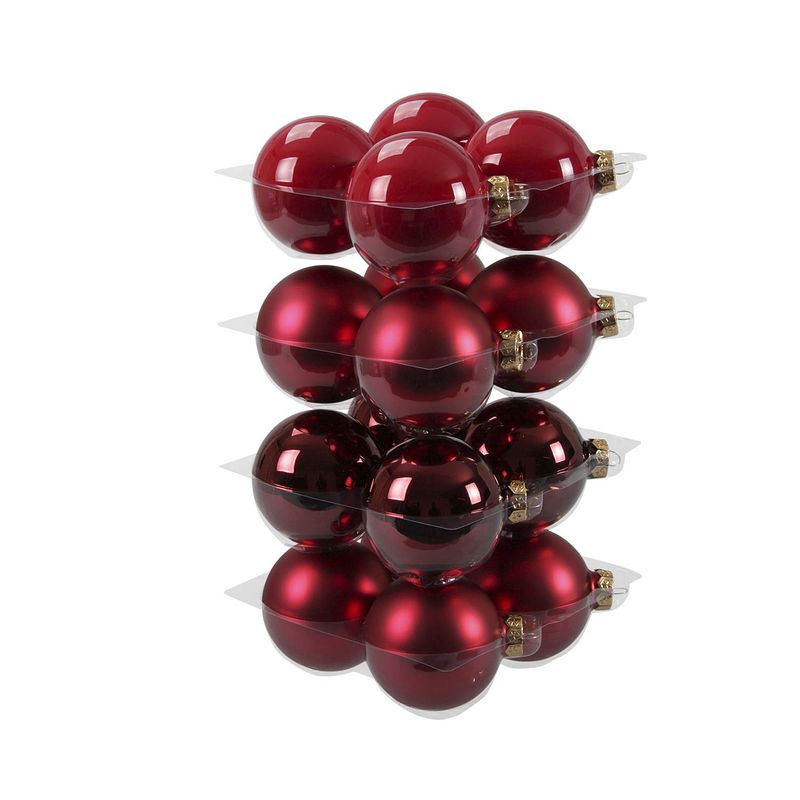 Foto van 16x stuks glazen kerstballen rood/donkerrood 8 cm mat/glans - kerstbal