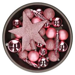 Foto van Set van 33x stuks kunststof kerstballen met ster piek lippenstift roze mix - kerstbal