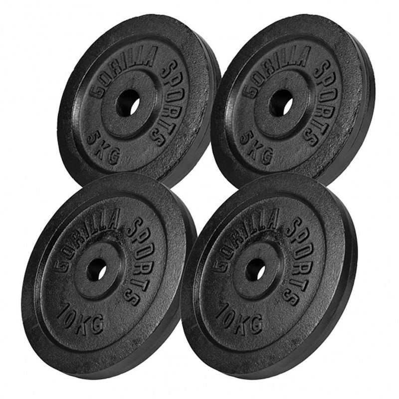 Foto van Gorilla sports halterschijven set - bundel - 30 kg (2 x 5 & 2 x 10 kg) - gietijzer zwart - 30 mm