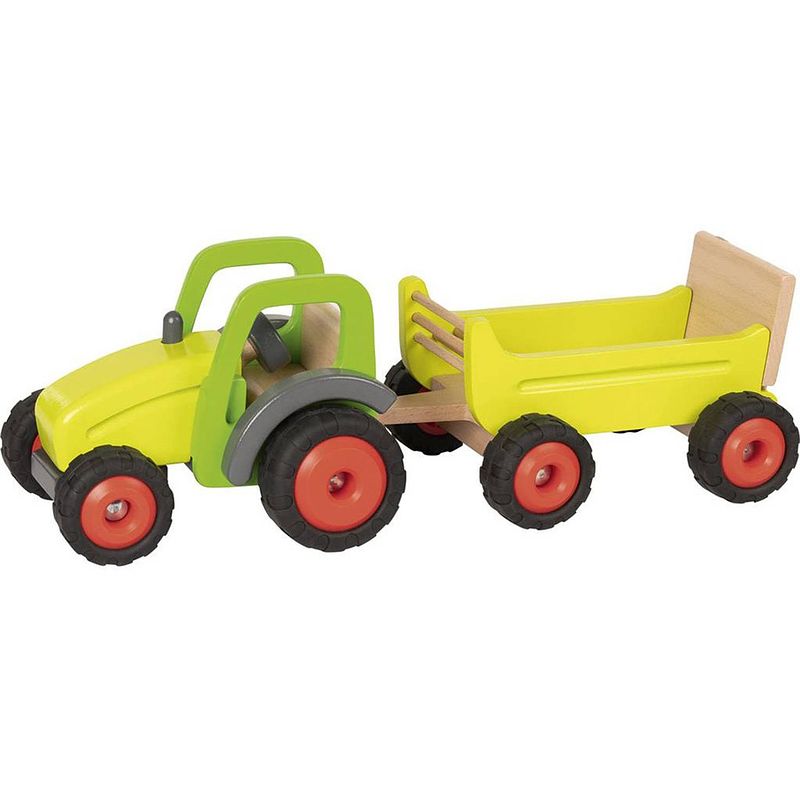 Foto van Goki tractor met aanhangwagen 45 x 16 cm hout geel 2-delig