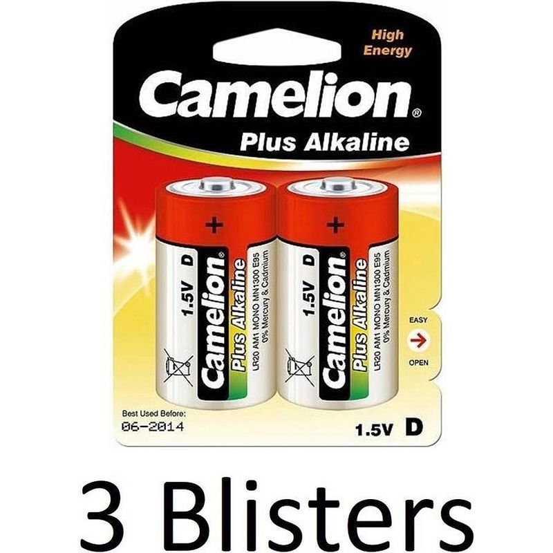 Foto van 6 stuks (3 blisters a 2 st) camelion plus alkaline d cell batterij