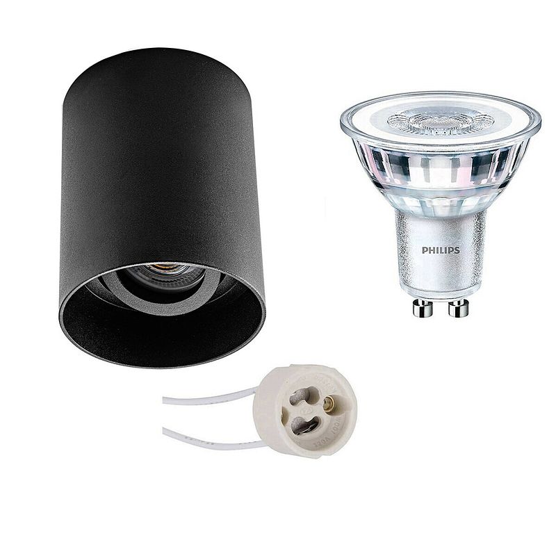 Foto van Opbouwspot set - pragmi luxina pro - gu10 fitting - opbouw rond - mat zwart - verdiept - kantelbaar - ø90mm - philips -