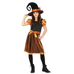 Foto van Heksen verkleed kostuum zwart/oranje voor meisjes 7-9 jaar (122-134) - carnavalskostuums