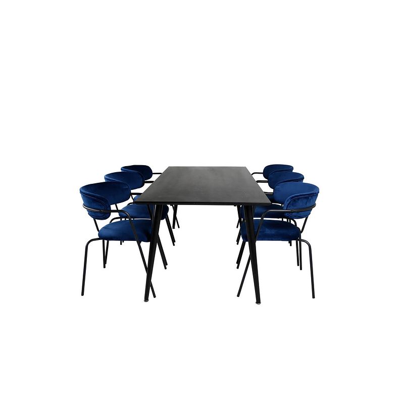 Foto van Dipp180x90blbl eethoek eetkamertafel zwart en 6 arrow eetkamerstal velours blauw.