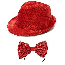 Foto van Carnaval verkleed set glitter hoed en strikje rood - verkleedhoofddeksels