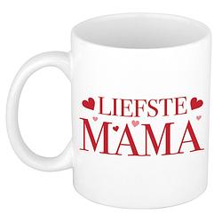 Foto van Liefste mama kado mok / beker met rode tekst en hartjes voor moederdag / verjaardag - feest mokken