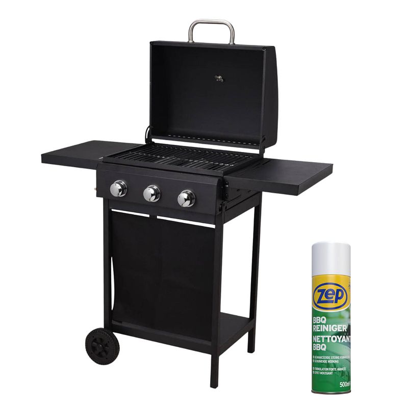 Foto van Set! vaggan 3-pits gasbarbecue op wielen met bbq reiniger - 500 ml - rvs - zwart - 106x53x102cm