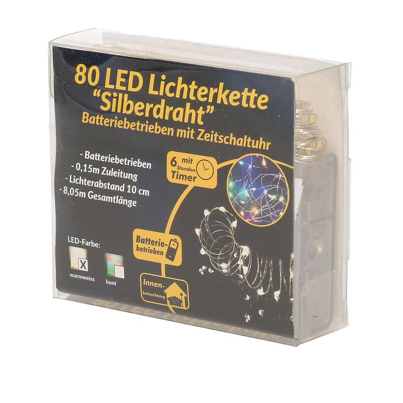 Foto van Draadverlichting zilver met warm witte led lampjes 8 meter op batterijen met timer - lichtsnoeren