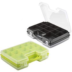 Foto van Forte plastics - 4x opberg vakjes doos/sorteerbox - 21-vaks kunststof - 28 x 21 x 6 cm - zwart/groen - opbergbox
