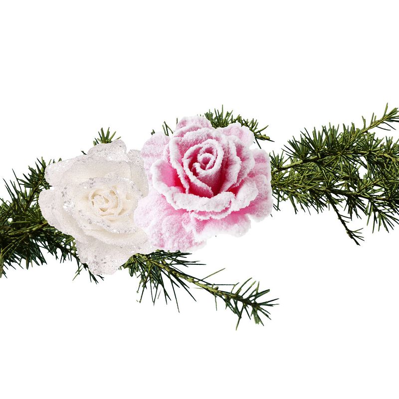 Foto van Cosy & trendy kerst bloemen op clip - 2x st - roze en wit - 10 cm - kersthangers