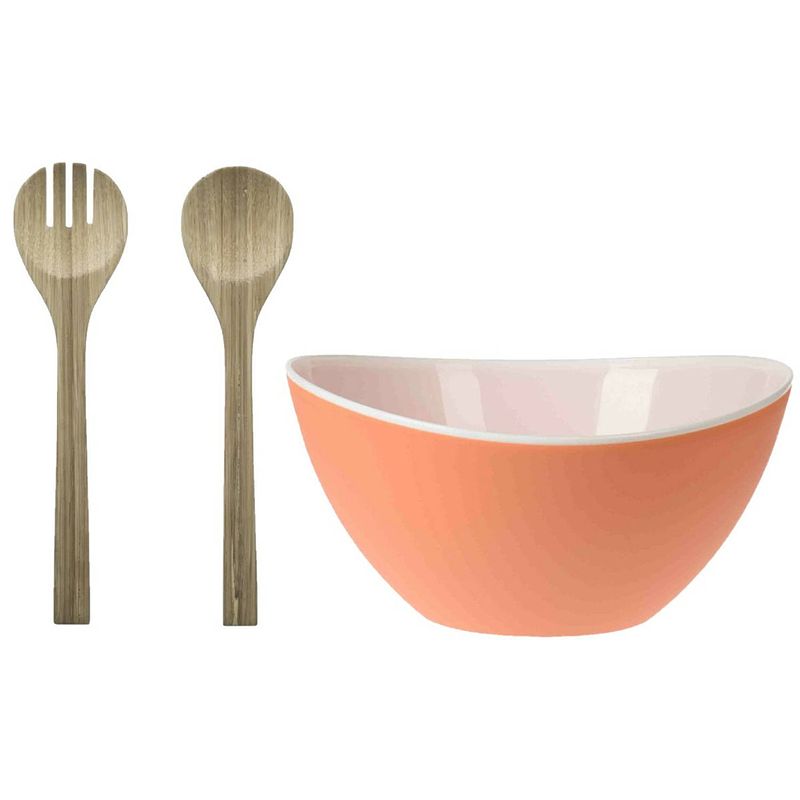 Foto van Excellent houseware slakom/schaal met bamboe slacouvert - kunststof - d25 cm - saladeschalen