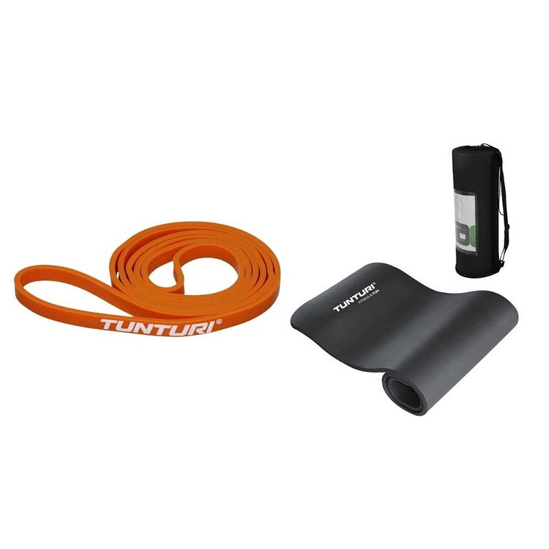 Foto van Tunturi - fitness set - weerstandsband oranje - extra light - fitnessmat 180 cm x 60 cm x 1,5 cm