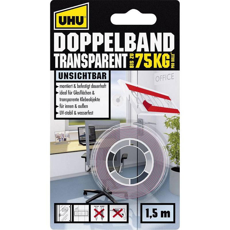 Foto van Uhu 45375 45375 dubbelzijdige tape uhu transparant (l x b) 1.5 m x 19 mm 1 stuk(s)