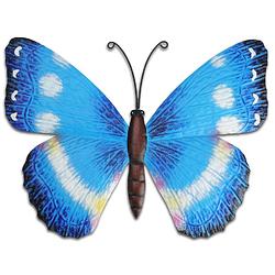 Foto van Tuin wanddecoratie vlinder - metaal - blauw - 31 x 23 cm - tuinbeelden