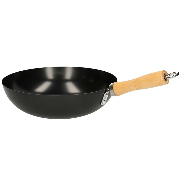 Foto van Zwarte wok/wokpan 28 cm met anti-aanbak laag en houten steel - wokpannen - koken - wokken