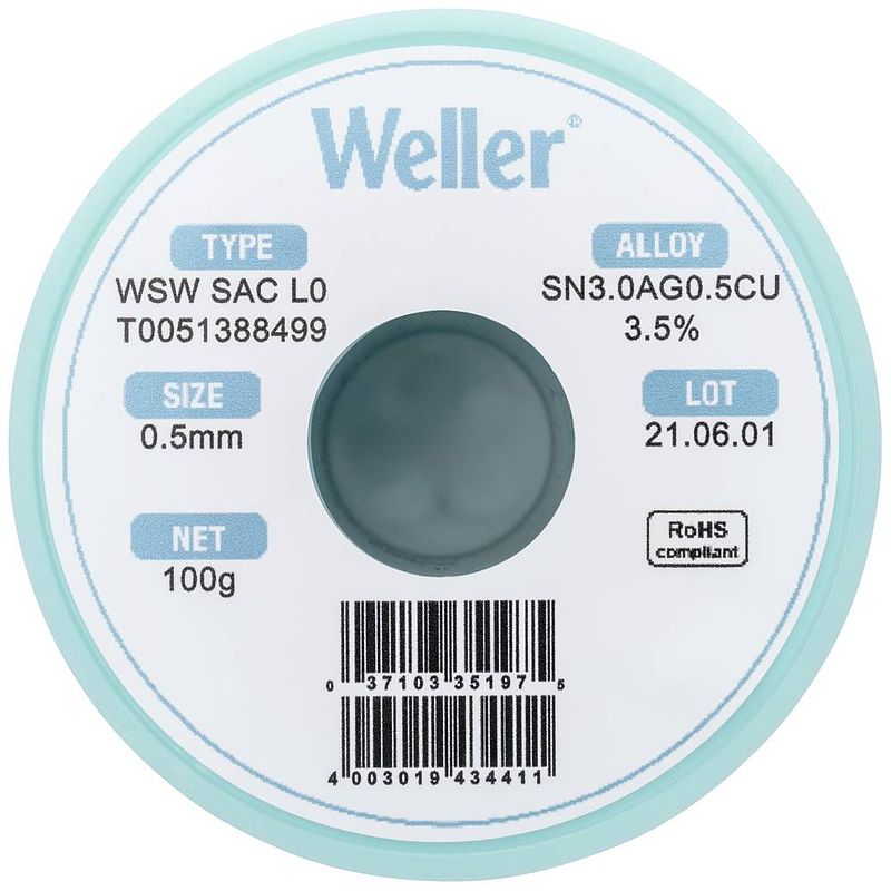 Foto van Weller wsw sac l0 soldeertin, loodvrij spoel sn3,0ag0,5cu 100 g 0.5 mm