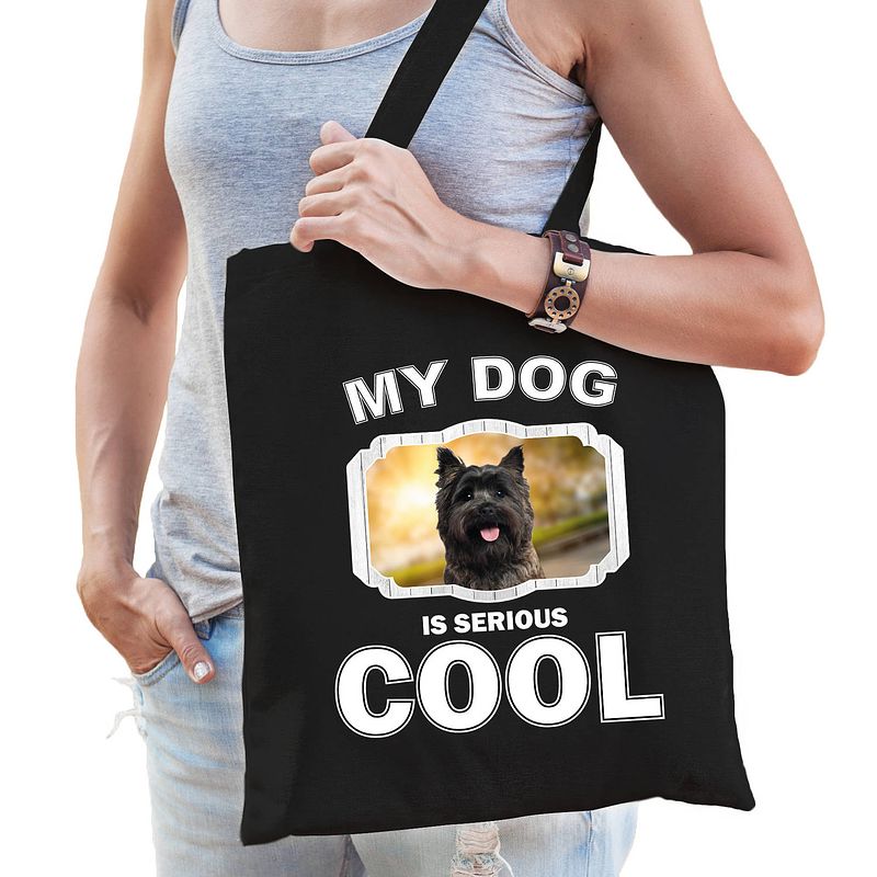 Foto van Katoenen tasje my dog is serious cool zwart - cairn terrier honden cadeau tas - feest boodschappentassen