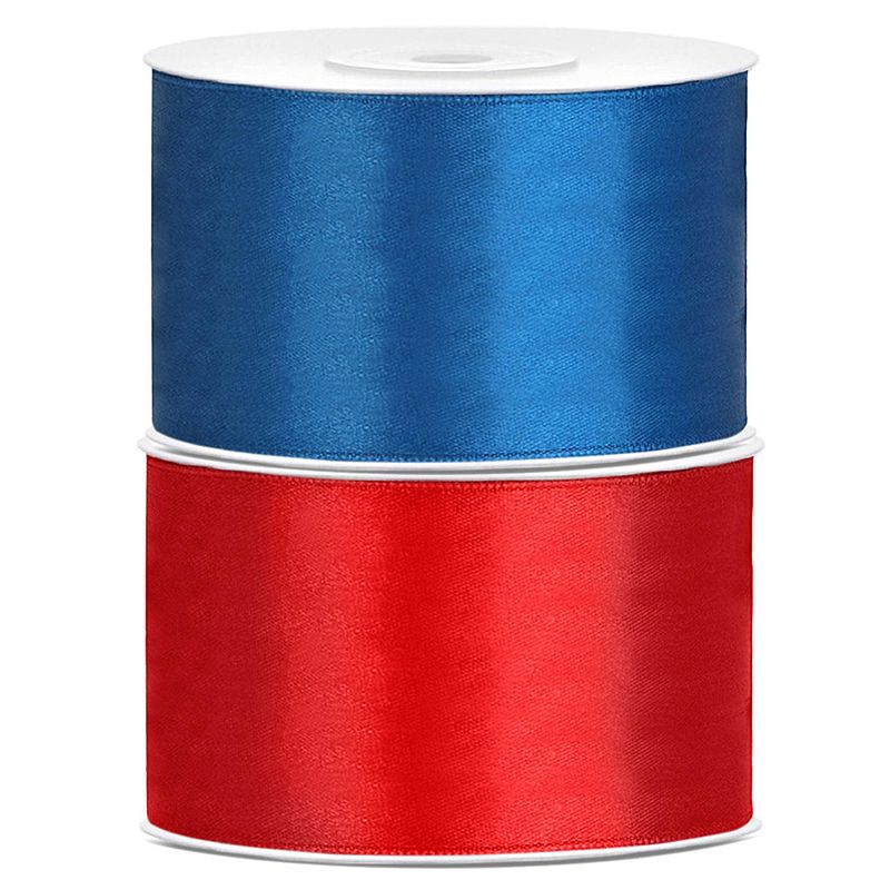 Foto van Set van 2 stuks sierlinten/cadeaulinten/satijnen linten blauw en rood 38 mm x 25 meter - cadeaulinten