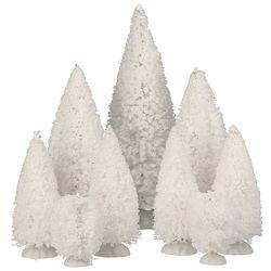 Foto van 9x stuks kerstdorp onderdelen miniatuur kerstbomen/dennenbomen wit - kerstdorpen