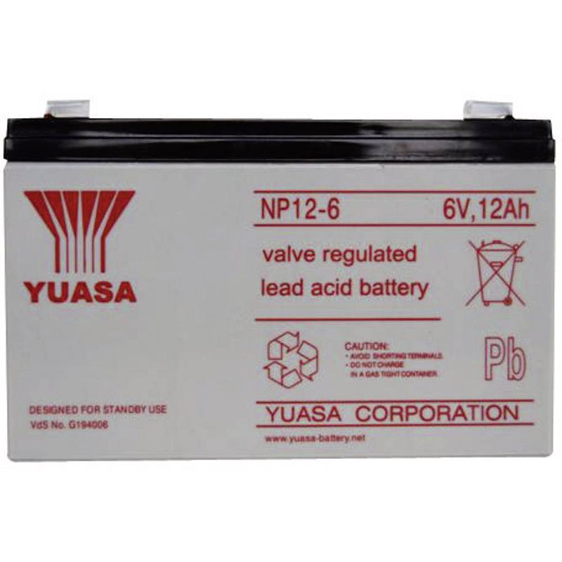 Foto van Yuasa np12-6 loodaccu 6 v 12 ah loodvlies (agm) (b x h x d) 151 x 98 x 50 mm kabelschoen 6.35 mm onderhoudsvrij, vds-certificering