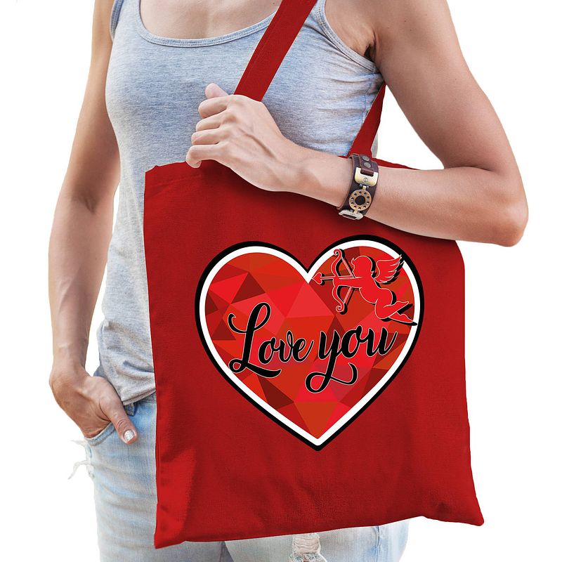 Foto van Cadeau tasje valentijn - love you - rood katoen - feest boodschappentassen