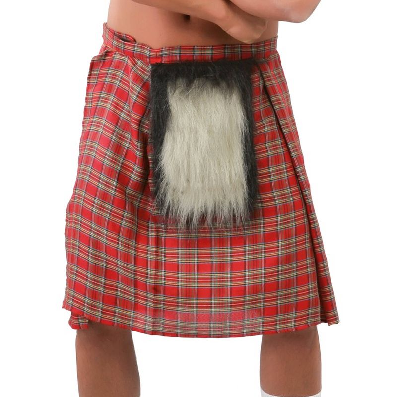 Foto van Schotse verkleed kilt rood met bontje voor heren - schotse rok - verkleedkleding/carnavalskleding