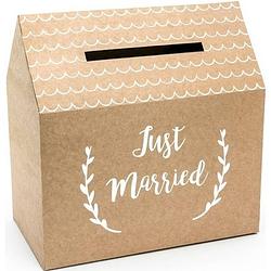 Foto van Bruiloft/huwelijk enveloppendoos kraftpapier huisje 30 cm - versieringen/decoraties
