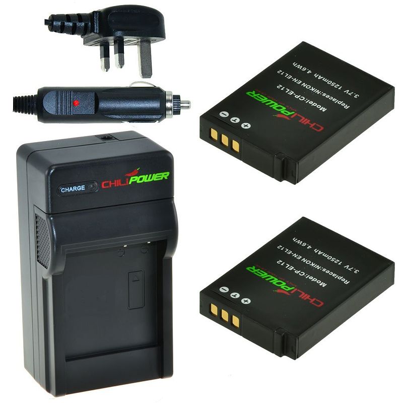 Foto van 2 x en-el12 accu's voor nikon - charger kit + car-charger - uk version