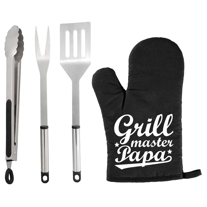 Foto van Bbq/barbecue gereedschap set 3-delig rvs met bbq handschoen grillmaster papa - barbecuegereedschapset