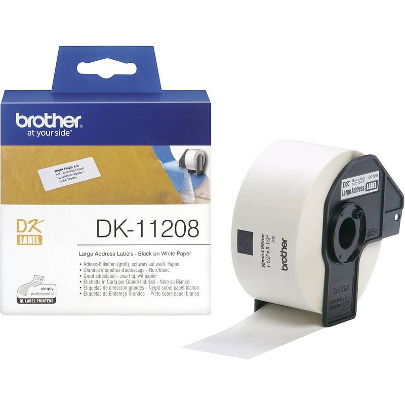 Foto van Brother dk-11208 rol met etiketten 90 x 38 mm papier wit 400 stuk(s) permanent dk11208 adresetiketten