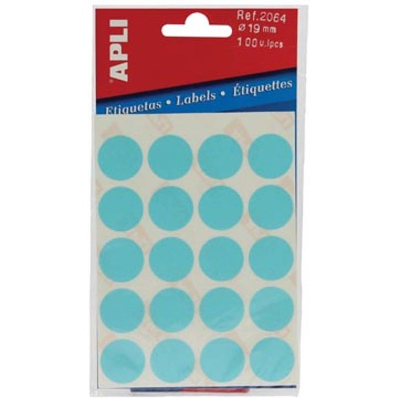 Foto van Apli ronde etiketten in etui diameter 19 mm, blauw, 100 stuks, 20 per blad (2064)