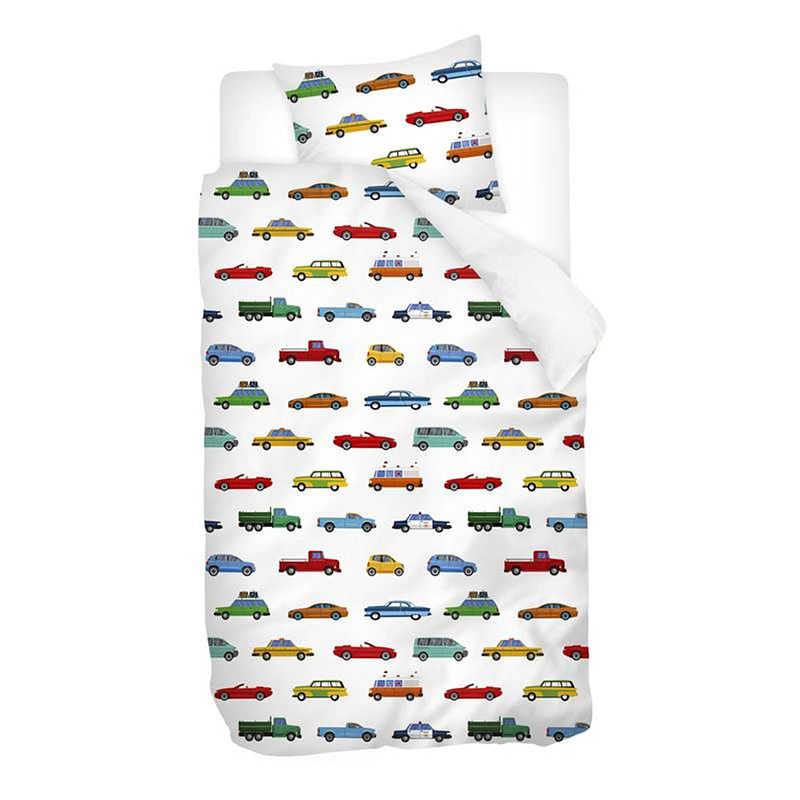 Foto van Snoozing cars dekbedovertrek - junior - flanel - 120x150 cm + 1 kussensloop 60x70 cm - multi kleur