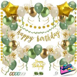 Foto van Fissaly® happy birthday verjaardag feestpakket groen, goud & beige - papieren confetti ballonnen - decoratie versiering
