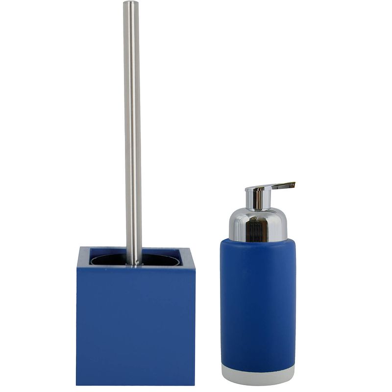 Foto van Msv toiletborstel in houder 38 cm/zeeppompje set moods - mdf hout/keramiek - blauw - badkameraccessoireset