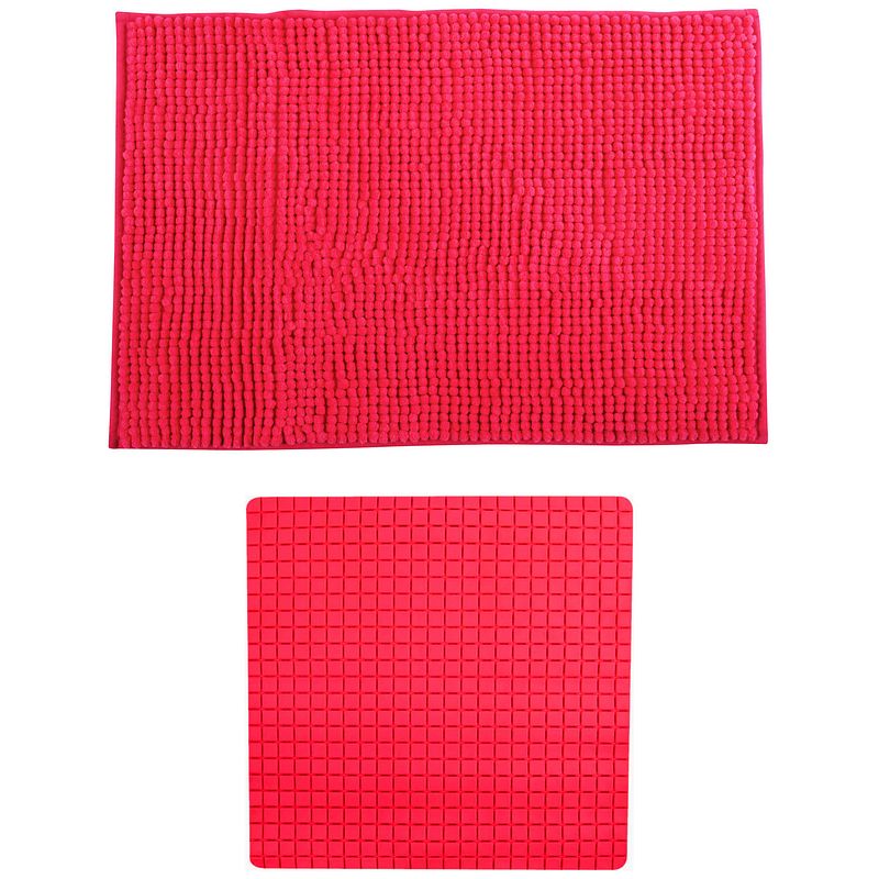 Foto van Msv douche anti-slip mat en droogloop mat - sevilla badkamer set - rubber/microvezel - fuchsia roze - badmatjes